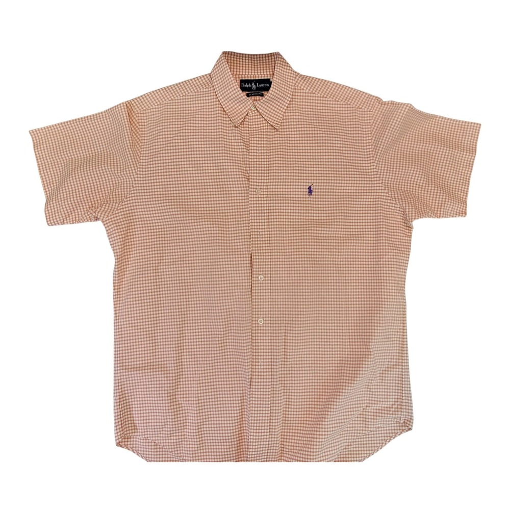 Ralph Lauren Classic Fit Gingham‎ Short Sleeve Button Down Shirt Men L Orange